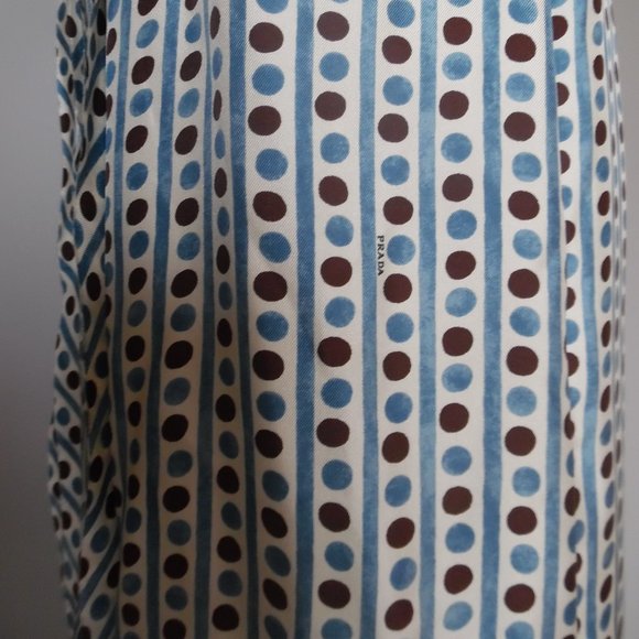 Prada Silk Polka Dot Logo Pencil Brown Blue White Raw hem Silk Midi Skirt Medium - Picture 4 of 10